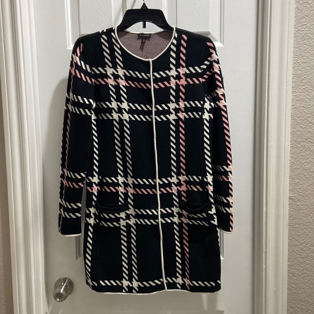 Talbots Sweater Womens Size XS Black Ivory Plaid Tunic Cardigan